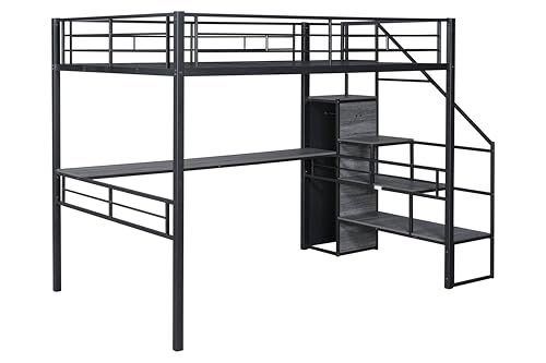 PVWIIK Staircase Queen Size Loft Bed with Desk and Wardrobe,High Loft Bed Frame for Kids Youths Adults Dorm Bedroom, No Box Spring Needed,Black PVWIIK
