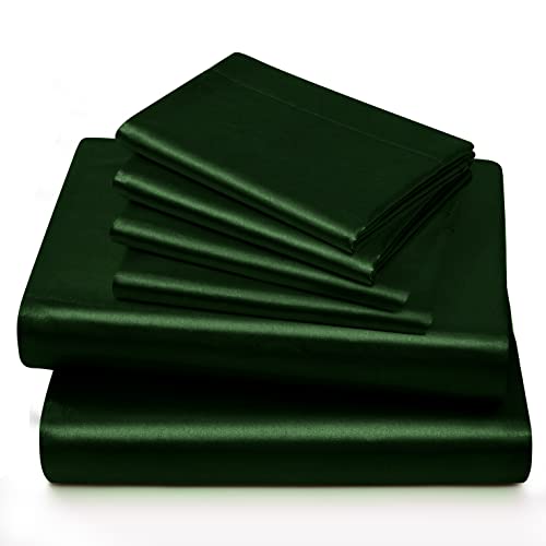Horbaunal 6 Piece Satin Sheet Set Full Size Luxury Silky & Soft Emerald Green Satin Full Bed Sheet Set with 16" Deep Pocket, 1 Fitted Sheet, 1 Flat Sheet, 4 Pillowcases Horbaunal