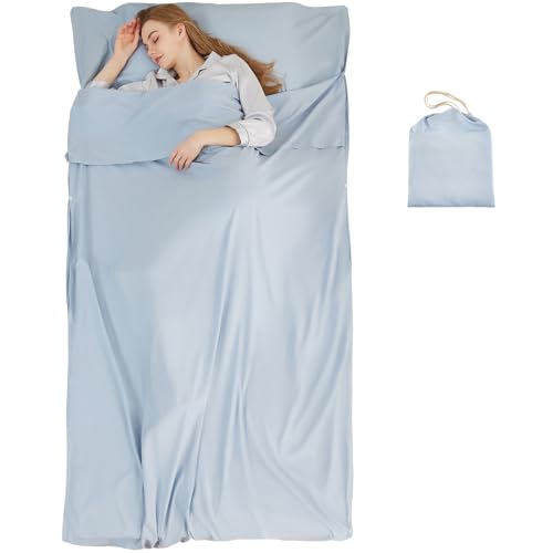 RHINSBENF Sleeping Bag Liner Camping Adult Sleep Sack Lightweight Travel Sheet for Hotel Bed Compact Ultralight Essential Cleaning Supplies Kit Travel Bedding Set for Backpacking (Blue & Single) RHINSBENF