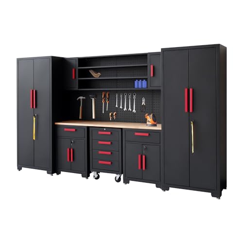 HPDMC Garage Storage Cabinet System 9-Pcs Workshop Set Garage Cabinets and Storage System with Steel Cabinet Drawers, Rolling Chest, Workbench, Pegboard for Garage Tool Organization, Black and Red HPDMC