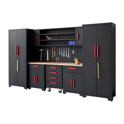 HPDMC Garage Storage Cabinet System 9-Pcs Workshop Set Garage Cabinets and Storage System with Steel Cabinet Drawers, Rolling Chest, Workbench, Pegboard for Garage Tool Organization, Black and Red