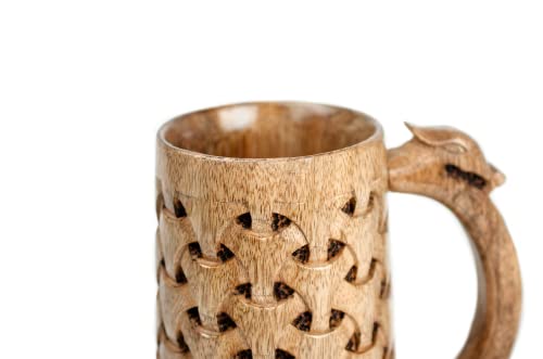NORSE EMPIRE Premium Wooden Beer Mug 16Oz Chainmail Pattern 100% Handcrafted Beer Stein Wine accessories Viking Gifts Medieval Gift Sack Tankard Christmas Coffee Cups Vikings Mug Food Safe NORSE EMPIRE