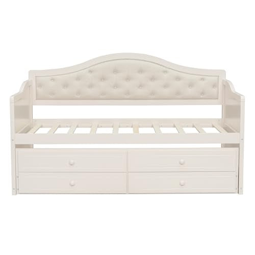 Merax Twin Daybed with Trundle and 2 Storage Drawers, Wooden Sofa Bed Twin Bed Frame with Upholstered Button Tufted Backrest for Living Room, Bedroom, Guest Room (Beige) Merax