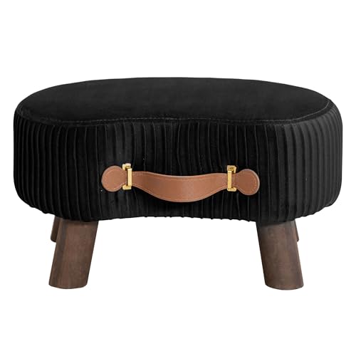 LUE BONA Small Curved Foot Stool with Handle, Black Velvet Footstool and Ottomans, Modern Foot Rest with Wooden Legs, Step Stool with Padded Seat for Couch, Living Room LUE BONA
