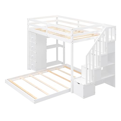 Merax Twin Over Full Bunk Bed Wood Frame with 3-Layer Shelves,4 Drawers and 3 Storage Stairs for Boys and Girls,Grey Merax
