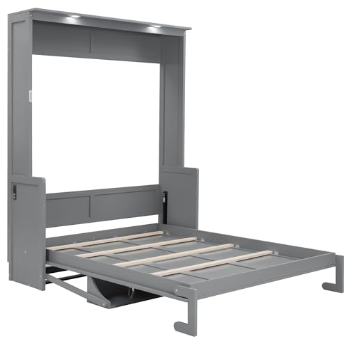 Merax Full Size Murphy Bed with Sofa Chair, Can be Folded Wall Bed with Storage Shelves and Light for Guest Room,Living Room and Bedroom Merax