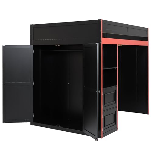 SOFTSEA Full Size Gaming Loft Bed with Desk & Storage Stairs, Solid Wood Loft Bed with LED Lights, Wardrobe and Shelves, Space-Saving Gaming Bed for Kids Teens Adults, Black + Red SOFTSEA