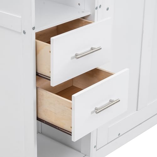 Twin Murphy Bed with Storage Wardrobes,Bookcase Shelves and Drawers,Wood Folding White Murphy Wall Bed Cabinets MERITLINE