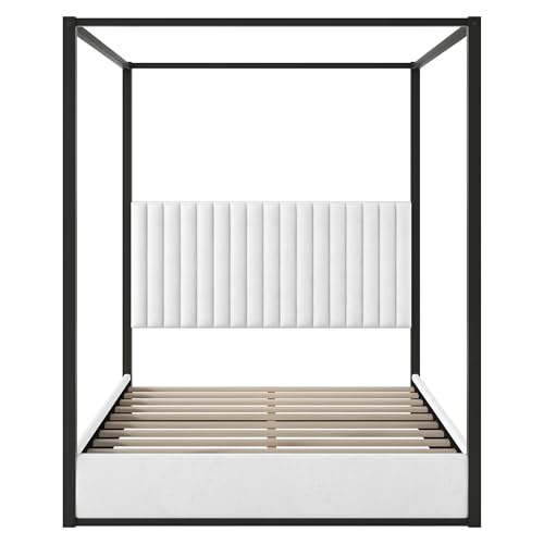 RuiSiSi Queen Size Canopy Bed with Upholstered Headboard, Metal 4-Poster Canopy Bed, Low Profile Platform Bed Frame for Teens, Adults, No Box Spring Needed, Black