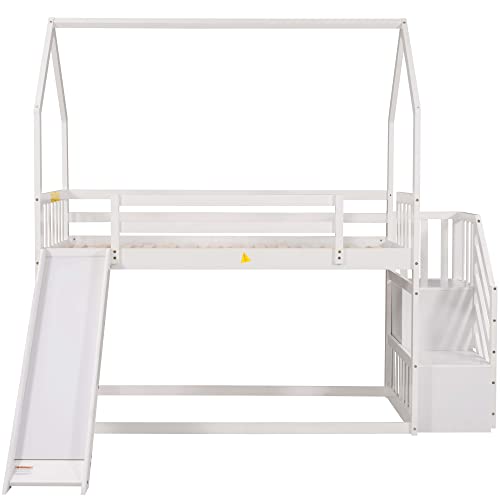 Twin Over Twin House Bunk Bed Frames with Slide and Storage Staircase, No Box Spring Needed, White Merax