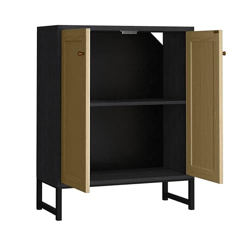 Panana Rattan Decorated 2 Doors Storage Cabinet Accent Cabinet Living Room Cupboard Kitchen Sideboard Buffet Table (Black Cabinet) Panana