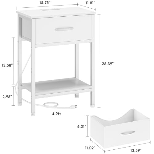 Vagusicc White Nightstand with Charging Station, End Table with Fabric Drawer, Small Side Table with 2-Tier Storage Shelves, 25.4" Tall Bedside Table, White Night Stand for Bedroom, Living Room, Dorm Vagusicc