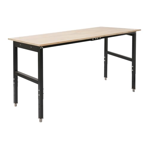 Sootvp 72" L X 25" W Adjustable Workbench, 28-39.5" Adjustable Height & 3000 LBS Load Capacity, Oak Wood Heavy-Duty Work Table Garage Worktable with Power Strip and Wheels for Studio, Workshop Sootvp