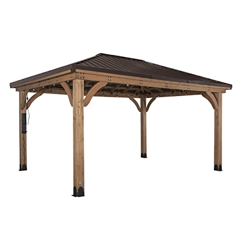 Backyard Discovery Barrington 16 ft. x 12 ft. Hip Roof Cedar Wood Gazebo Pavilion, Shade, Rain, Hard Top Steel Metal Roof, All Weather Protected, Wind Resistant up to 100 mph, Holds up to 7800 lbs Backyard Discovery