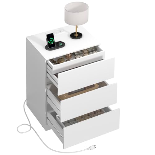 Draelibor Nightstand, 4 Drawers, 26" H with Hidden Drawer, Bedside Table with Charging Station, Modern Night Stand for Bedroom, White Draelibor