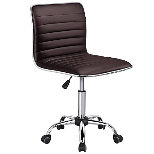 Yaheetech Modern PU Leather Ribbed Armless Working Office Chair Adjustable Low-Back Comfy Desk Task Chair w/Rolling Wheels, Brown Yaheetech