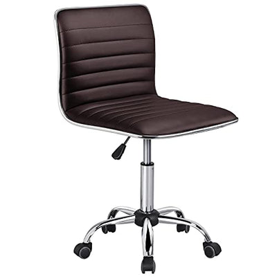 Yaheetech Modern PU Leather Ribbed Armless Working Office Chair Adjustable Low-Back Comfy Desk Task Chair w/Rolling Wheels, Brown