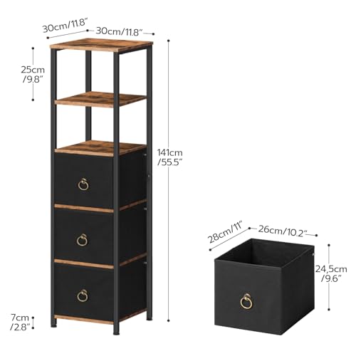 HOOBRO Corner Cabinet, 6-Tier Corner Shelf Stand with 3 Drawers, Bathroom Floor Cabinet, Narrow Storage Cabinet, for Bathroom, Living Room, Rustic Brown and Black BF140CW01 HOOBRO