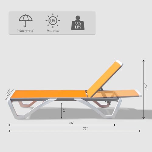 Domi Chaise Lounge Outdoor, Patio Lounge Chair with Aluminum Frame, All Weather Pool Lounge Chair for Deck Lawn Backyard, Orange, Set of 2