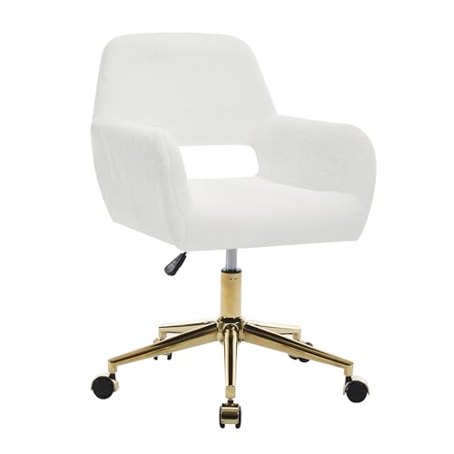 HENGJIANYI Faux Fur Swivel Desk Chair, Modern Fluffy Makeup Vanity Chair, Height Adjustable Armchair with Gold Base, Ergonomic Office Chair with Hollowed Back, White HENGJIANYI