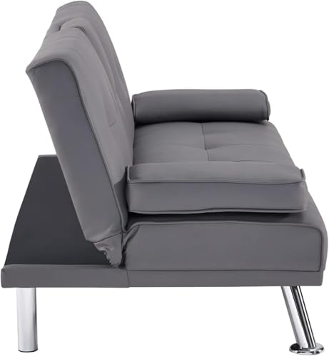 Naomi Home Transform Your Living Space with Comfort Gray Futon Sofa Bed with Armrest Cupholders Reclining Function Ideal for Cozy Living Rooms Sofa Bed Couch Metal Legs Faux Leather Naomi Home
