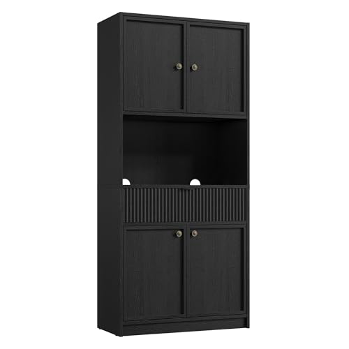 Garvee Tall Kitchen Pantry Cabinet, 70" Pantry Storage Cabinet with Countertop, Fluted Kitchen Hutch Cabinets with Doors and Drawer, Freestanding Cupboard for Dining Room, Living Room, Black Garvee