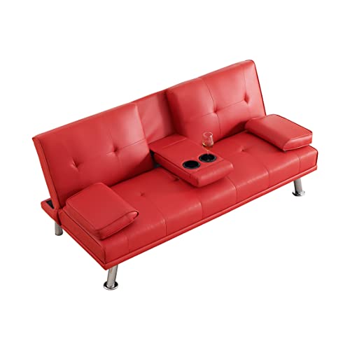 KEIKI 67" Leather Folding Futon Sofa w/Cup Holder & Adjustable Backrest, Mid Century Modern Couch Loveseat Convertible to Sleeper Bed, Comfy Cloud Couch SofaBed for Living Room & Bedroom, Red KEIKI