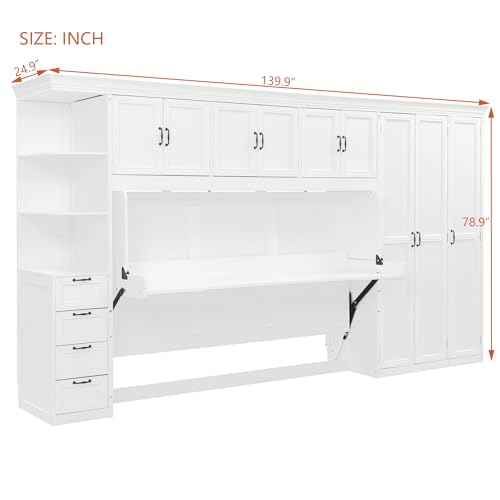 Ball & Cast Twin Size Murphy Bed with Wardrobe and 3 Top Cabinet,Wood Hideaway Wall Beds w/Desk & Storage Drawers,Dual-Piston Metal Folding System Cabinets,can be Folded,for Small Room,White Ball & Cast