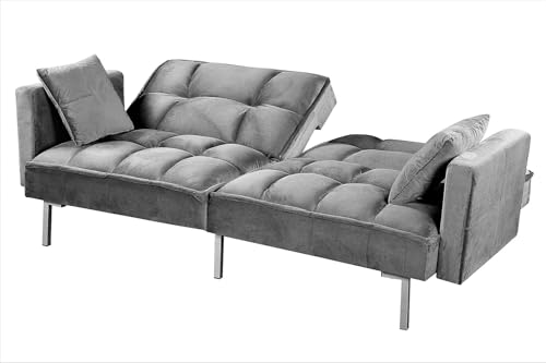 Container Furniture Direct Regal 75.6" Velvet Convertible Sofa Bed - Mid-Century Sleeper Couch w/Tufted Design & Metal Legs - Pull-Out Futon for Guests/Home (75.6" W x 34.6" D x 32" H), Grey Container Furniture Direct