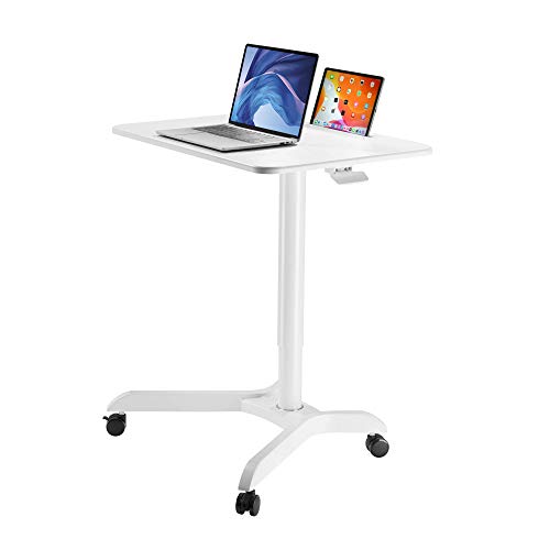 AVLT 44-inch Ambidextrous Pneumatic Laptop Standing Desk Cart (3 ft 8 in), Mobile Rolling Desk with Adjustable Height, Folding Computer & Projector Cart, White Cart with Brakes AVLT