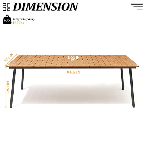 VredHom 95" Patio Outdoor Dining Table for 8-10, Weather-Resistant Wood-Grain Top with Aluminum Frame & Umbrella Hole for Deck Gatherings, Brown VredHom