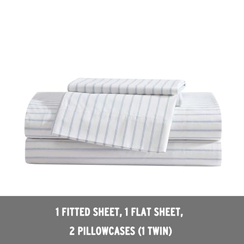 Eddie Bauer - Twin Sheets, Cotton Percale Bedding Set, Crisp & Cool Home Decor (Essential Stripe White, Twin) Eddie Bauer