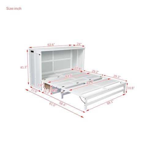 DNChuan Queen Size Murphy Cabinet Bed with 2 Storage Drawers and USB-Port,Foldable Murphy Horizontal Platform Bed,Dresser Bed,Space Saving,No Box Spring Needed,White DNChuan
