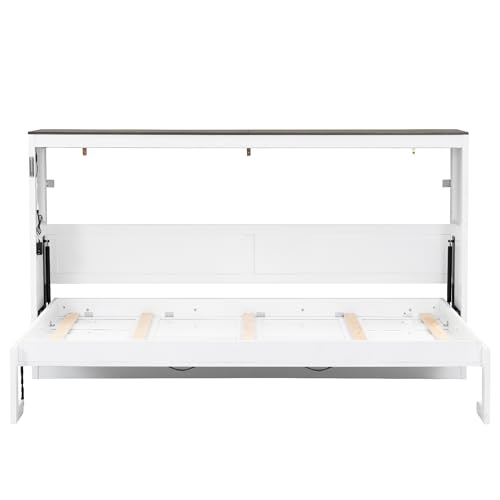 HZXINKEDZSW Twin Size Murphy Bed with LED Light,Can be Folded into a Cabinet,Modern Hidden Wall Bed Frame for Bedroom Apartment Studio Guest Room,Easy Assembly (White+Brown-18, Twin) HZXINKEDZSW
