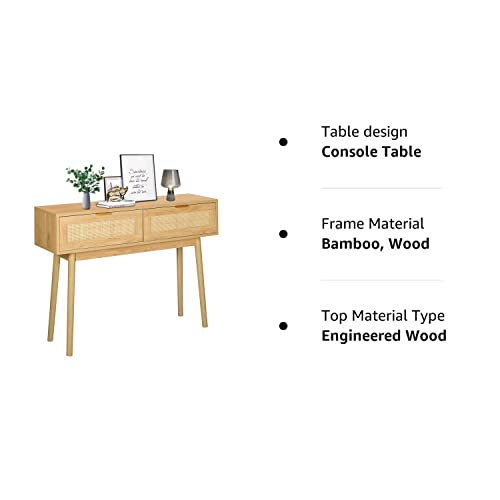 LAZZO 39" Console Table, Oak Grain Sofa Table with Wood Frame, Rustic Hallway Table with 2 Bamboo Weaving Storage Drawers for Foyer Living Room Entryway LAZZO