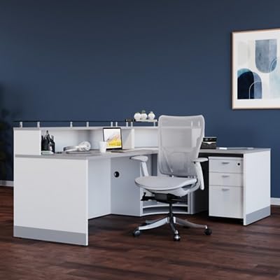 NBF Esquire Modern Reception Desk with Counter - 48" W x 32" D Retail Checkout Counter - Front Desk Reception Counter with 2 Grommet Holes - Countertop Lobby Desk for Office Salon Store (White) nbf signature series