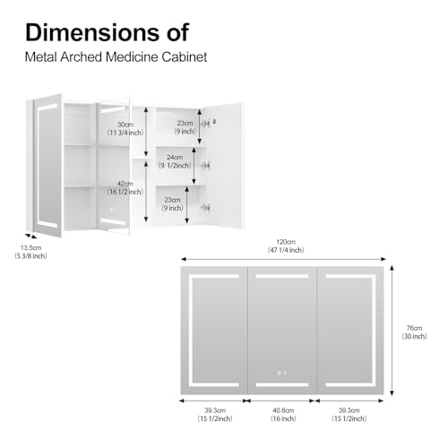 Large Medicine Cabinet, LED Lighted Medicine Cabinets with 3 Doors,Wall Mounted Bathroom Mirror with Storage,47inch,Defogger, Dimmable,Led Medicine Cabinet Mirror for Bathroom,47.2x 5.1x 30 In Mepplzian