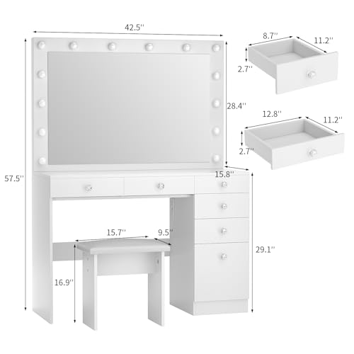 VOWNER Vanity with Lights - 43" Makeup Vanity Desk with Power Outlet, 5 Drawers and 1 Cabinet, 3 Color Lighting Modes with Adjustable Brightness,Makeup Desk with Stool for Women Girls, White VOWNER