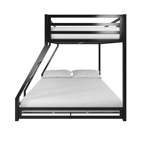DHP Miles Low Metal Bunk Bed Frame for Kids, With Built-in Ladder, High Guardrail and Metal Slats, Floor Bed Bottom Bunk, No Boxspring Required, For Small Spaces, Twin-Over-Full, Black DHP