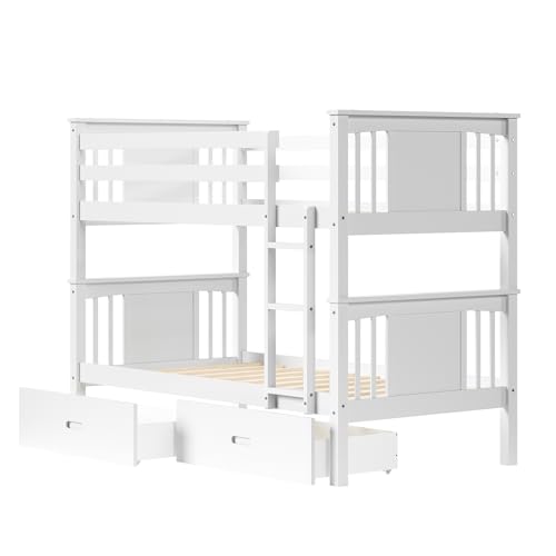 FUQARHY Bunk Bed Twin Over Twin with Storage Drawers, White Convertible Wood Twin Bunk Beds with Ladder and Safety Guardrail, No Box Spring Needed (White) FUQARHY