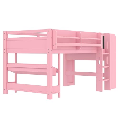 Bellemave Twin Loft Bed with Storage Boxes and Bookshelves, Solid Wood Kids Loft Bed with Desk and Blackboard, Low Loft Beds Frame for Kids, Girls, Boys, Childlike Design, Pink Bellemave