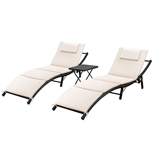 GUNJI Lounge Chairs for Outside 3 Pieces Patio Adjustable Chaise Lounge Outdoor Wicker Lounge Chairs Set of 2 with Table Folding Chaise Lounger for Poolside, Deck, Lawn (Beige) GUNJI