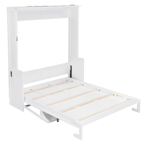 Queen Size Murphy Wall Bed with Desk, Wood Foldable Bed Cabinet with LED Lights and USB Charging Station for Small Places (White) BEDGJH
