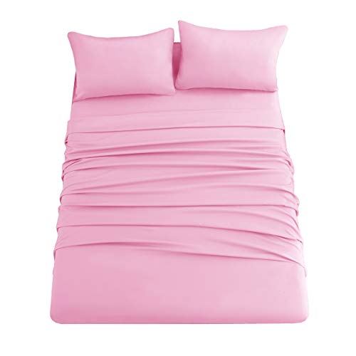 Ghooss Pink Bed Sheet Set with Deep Pocket,Super Soft Microfiber Bedding-Breathable,Warm,Wrinkle,Fade Free,4 Piece Bedding Sheet Sets(Queen,Pink) Ghooss