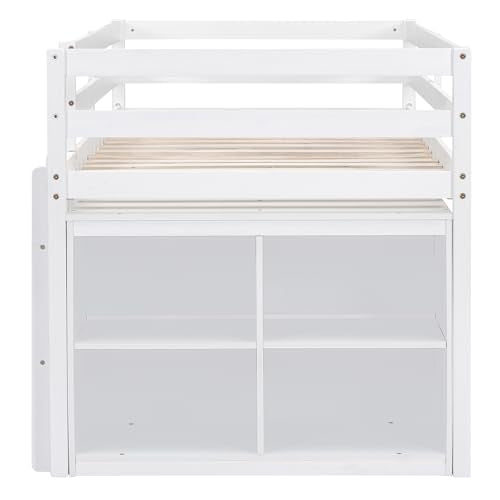 Ball & Cast Twin Size Loft Bed with Retractable Writing Desk & 4 Drawers,Wooden Bedframe W/Lateral Portable Desk & Shelves,Space Saving,Easy Assembly,Study Room Bedroom Set for Boy Girl Keens,White Ball & Cast