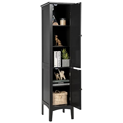 Tangkula Tall Bathroom Storage Cabinet, 5-Tier Wooden Freestanding Tower Cabinet, Narrow Storage Floor Cabinet w/ 2 Doors & Shelves for Bathroom Living Room Kitchen (Black) Tangkula