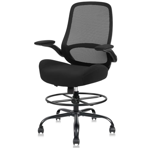 HYLONE Drafting Chair Tall Office Chair with Flip-Up and Adjustable Armrests Ergonomic Computer Chair with Adjustable Footrest Ring Mesh Standing Desk Chair (Black) HYLONE