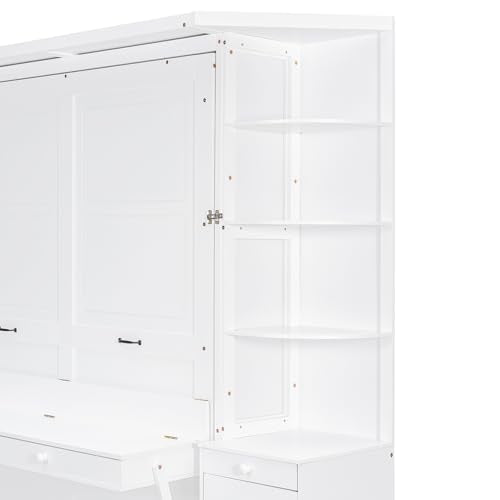 Bekeknlny Modern Queen Murphy Bed with Desk, Storage Shelves and Cabinets, Hidden Wall Bed for Space-Saving Home Office (White/H10) Bekeknlny