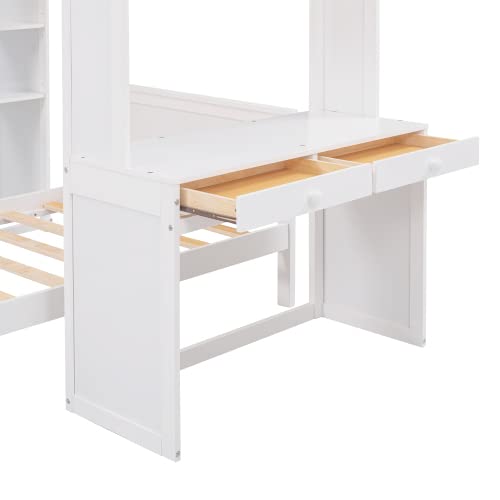 Harper & Bright Designs Twin Over Twin Bunk Bed with Desk, Drawers and Wardrobe, Wooden Loft with Stand-Alone Bed and Shelves for Kids Teens, White Harper & Bright Designs