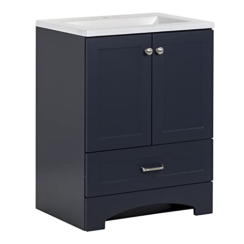 Spring Mill Cabinets Emlyn 24 Inch Bathroom Vanity with White Single Sink Top, 2-Door Cabinet, 1 Drawer, 24.5" W x 18.75" D x 32.89" H, Deep Blue Spring Mill Cabinets